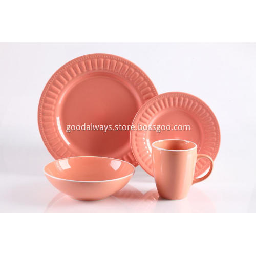 16 Pieces Embossed Stoneware Dinnerware Set Pink